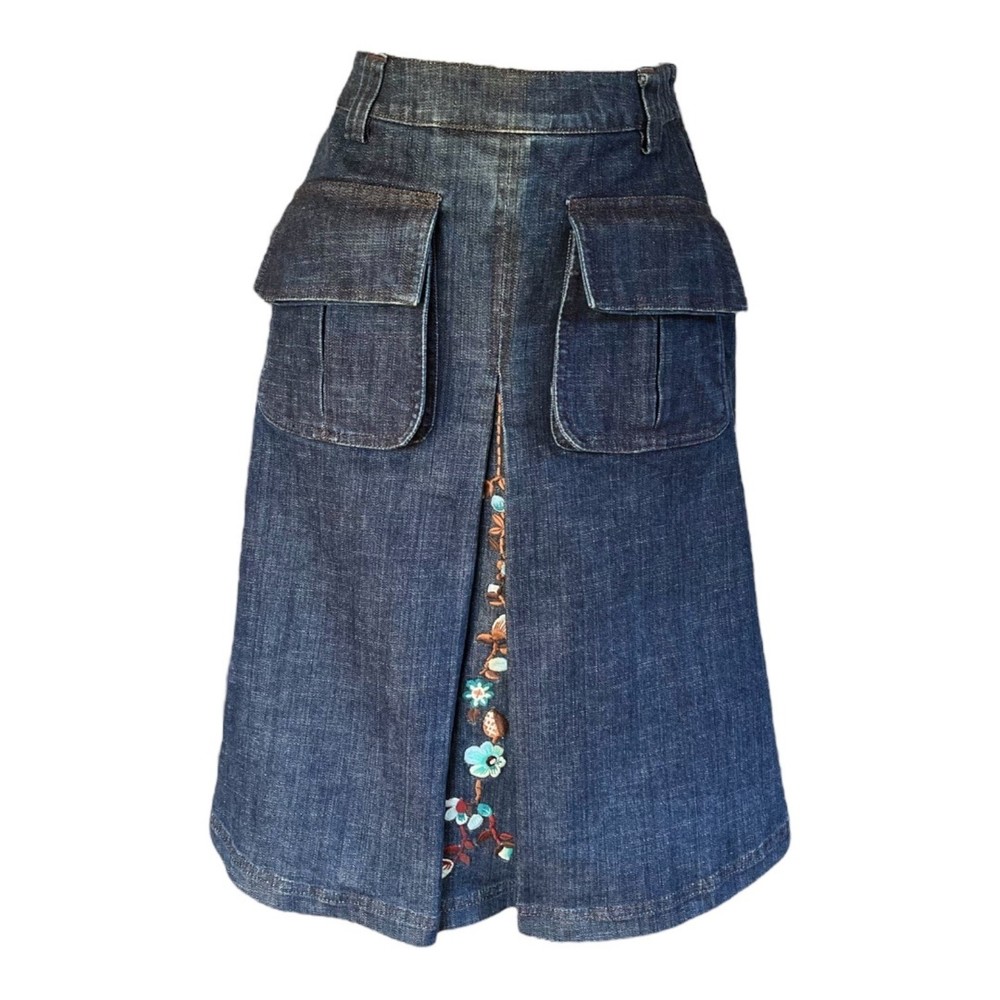 NWT Dark Denim Embroidered  Boho Artsy Oilily Midi Skirt Us Size XS EU Size 34